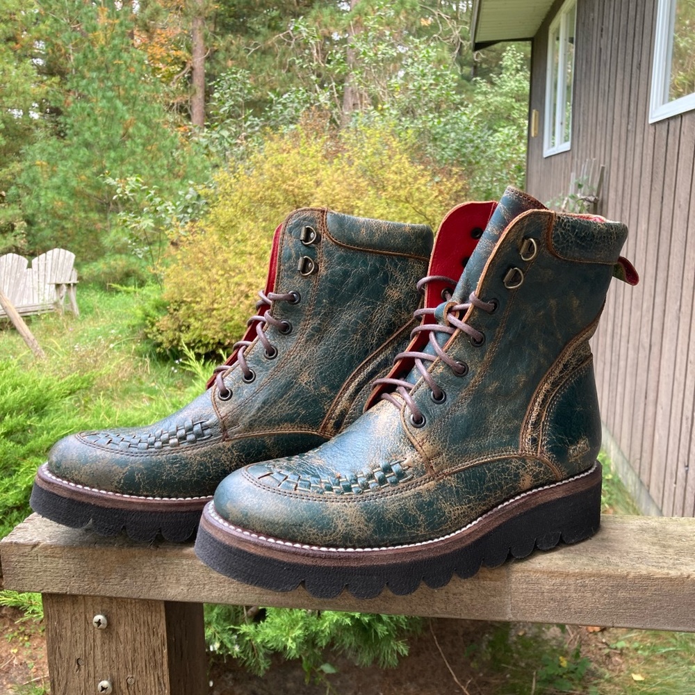 BED STU Boots ELISHA II Lace Up Combat Moto Dark Teal Lux Green Leather Size 8